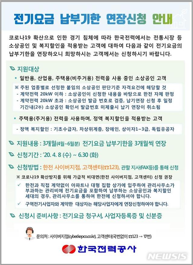 [청주=뉴시스] 김재광 기자 = 한국전력공사 충북본부는 신종 코로나바이러스 감염증(코로나19) 사태로 피해를 본 소상공인과 저소득층을 대상으로 4∼6월 전기요금 납부 기한을 3개월 연장한다고 6일 밝혔다.(사진=한전 충북본부 제공)2020.04.06 photo@newsis.com 