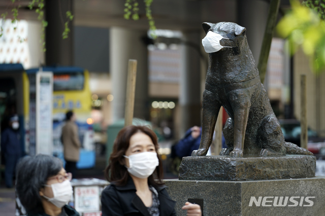 [도쿄=AP/뉴시스]지난 8일 일본 도쿄 시부야 역 근처 '하치코' 동상이 마스크를 쓰고 있다. 일본 정부는 전날 신종 코로나바이러스 감염증(코로나19) 감염자가 급증하자 도쿄 등 7개 지역에 긴급사태 선언을 발령했다. 
