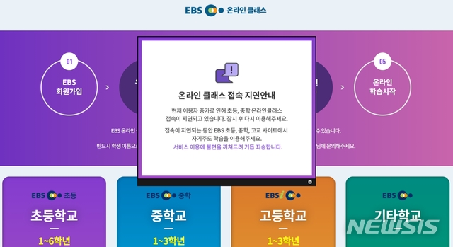 [서울=뉴시스]전국 중·고등학교 3학년 학생들이 9일 온라인 개학을 했지만 오전 9시쯤 EBS 온라인 클래스, e학습터 등 학습관리시스템(LMS) 접속자가 몰리면서 접속이 원활하지 않은 것으로 나타났다. (자료=EBS 온라인클래스 첫 화면 캡쳐) 2020.04.09.