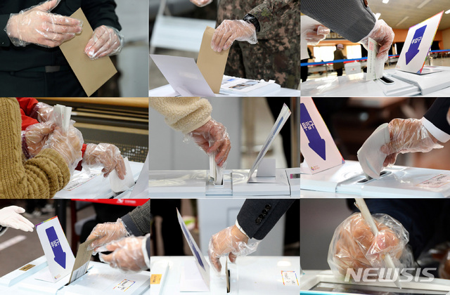 [서울=뉴시스] 박영태 전진환 이영환 신대희 우장호 기자 = 제21대 국회의원 선거 사전투표 첫 날인 10일 전국 각지에 마련된 사전투표소에서 시민들이 소중한 한 표를 행사하고 있다. 2020.04.10. photo@newsis.com