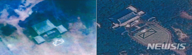 [서울=뉴시스] 합동참모본부는 지난 2016년4월27일 북한이 평양 외곽지역에 청와대 모형 시설을 설치하고 대규모 화력시범을 준비중이라고 밝혔다. 사진은 우리나라 다목적 실용위성인 아리랑 3호가 포착한 북한의 청와대 모형 설치(왼쪽) 모습과 구글어스에서 본 청와대 모습(오른쪽). 2016.04.27. (사진=합참 제공) photo@newsis.com
