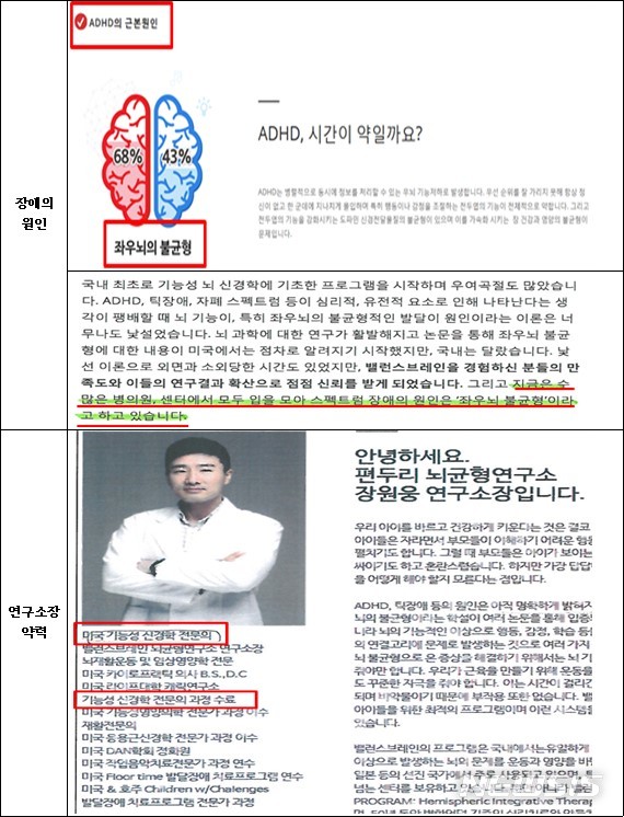 [세종=뉴시스] 공정거래위원회가 거짓·과장이라고 판단한 편두리의 광고 중 장애의 원인과 연구소장 약력 부분. (자료=공정위 제공)