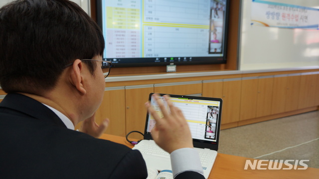 [울산=뉴시스] 구미현 기자 = 2차 온라인개학을 한 16일 오후 울산 북구 염포초등학교 6학년 1반에서 쌍방향 원격수업이 진행되고 있다. 2020.04.16. gorgeouskoo@newsis.com