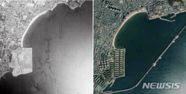 [부산=뉴시스] 허상천 기자 = 부산시는 부산의 산지와 하천 등 지리적 변천 과정을 한눈에 확인할 수 있는 ‘아날로그 항공사진 정사영상(正射映像)’을 제작한다고 17일 밝혔다.&nbsp; 광안대교 1973년과 2015년 사진 2020.04.17.(사진 = 부산시 제공) photo@newsis.com