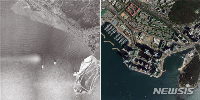  [부산=뉴시스] 허상천 기자 =&nbsp; 부산시는 부산의 산지와 하천 등 지리적 변천 과정을 한눈에 확인할 수 있는 ‘아날로그 항공사진 정사영상(正射映像)’을 제작한다고 17일 밝혔다.&nbsp; 해운대구 마린시티 1972년과 2015년 사진 2020.04.17.(사진 = 부산시 제공)&nbsp; photo@newsis.com 