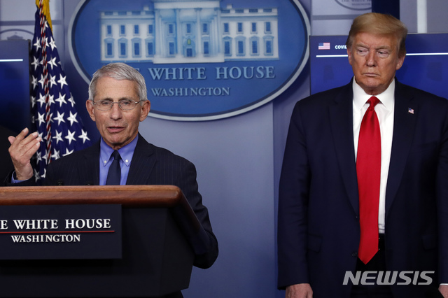 [워싱턴=AP/뉴시스]신종 코로나바이러스 감염증(코로나19) 확산 국면에서 미국 '코로나 스타'로 떠오른 앤서니 파우치 국립알레르기전염병연구소(NIAID) 소장(왼쪽)이 지난 17일(현지시간) 백악관 태스크포스(TF) 기자회견에 참석해 발언하는 모습. 2020.04.30