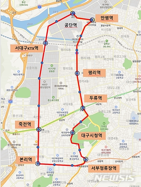 [대구=뉴시스]이지연 기자 = 21일 김태형 대구 달서구의원이 제270회 달서구의회 제1차 본회의 5분 발언에서 서대구KTX역과 대구신청사를 연결하는 순환 트램 조기 건설을 촉구했다. 사진은 김 의원이 주장하는 서대구 순환트램 노선 예상도. (사진=김 의원측 제공) 2020.04.21. photo@newsis.com