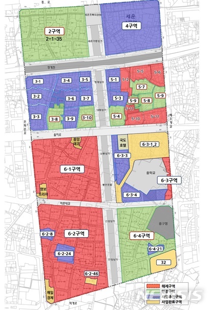 [서울=뉴시스] 세운재정비촉진지구 정비구역 해제 및 연장 현황도. (사진=서울시 제공) 2020.04.22.photo@newsis.com 