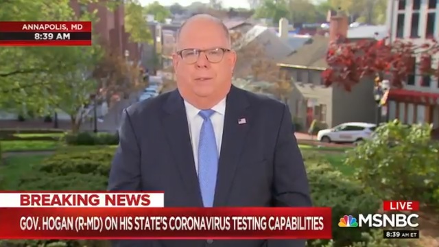 [서울=뉴시스] 한국에서 대량의 진단키트를 구매한 래리 호건 메릴랜드 주지사는 21일(현지시간) MSNBC방송의 시사프로그램 '모닝 조'에 출연해 "신종 코로나바이러스 감염증(코로나19) 검사에 집중하라는 대통령의 말을 들었을 뿐"이라며 도널드 트럼프 미국 대통령의 질책에 대응했다. (사진=MSNBC 홈페이지 캡처) 2020.4.22. 