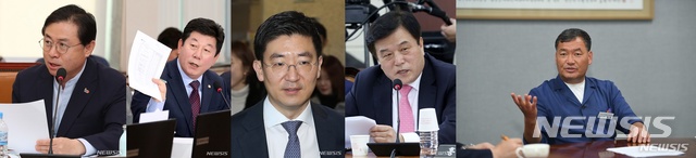[부산=뉴시스] 사진 왼쪽부터 김영춘 전 의원, 박재호 의원, 김세연 전 의원, 이진복 전 의원, 오규석 기장군수.