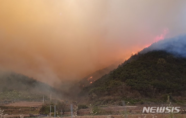  [안동=뉴시스] 김진호 기자 = 안동시 풍천면 야산에서 발생한 산불이 강한 바람을 타고 확산되고 있다. (사진=독자 제공) 2020.04.24&nbsp; photo@newsis.com 