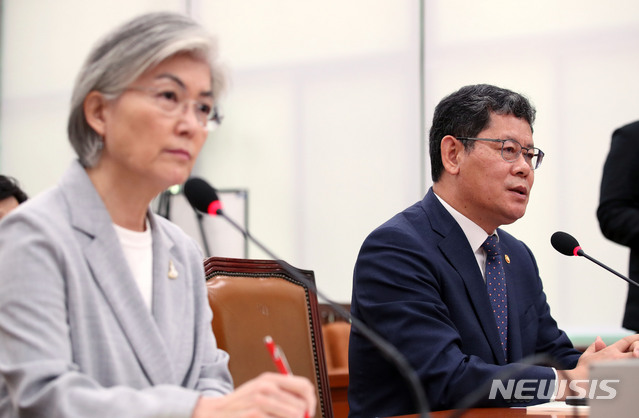 [서울=뉴시스] 김진아 기자 = 김연철 통일부 장관이 28일 서울 여의도 국회에서 열린 외교통일위원회 전체회의에서 의원의 질의에 답하고 있다. 2020.04.28.    bluesoda@newsis.com