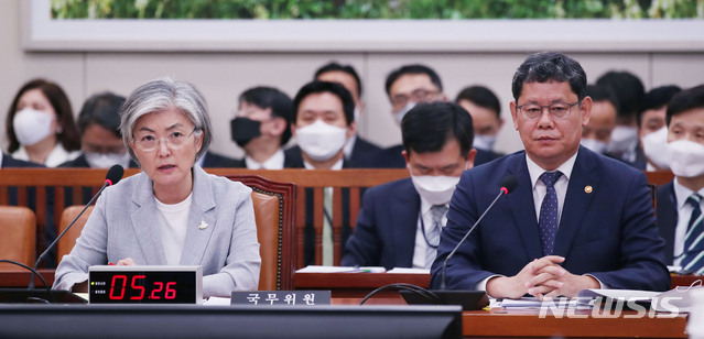 [서울=뉴시스] 김진아 기자 = 강경화 외교부 장관이 28일 서울 여의도 국회에서 열린 외교통일위원회 전체회의에서 의원의 질의에 답하고 있다. 2020.04.28.&nbsp; bluesoda@newsis.com