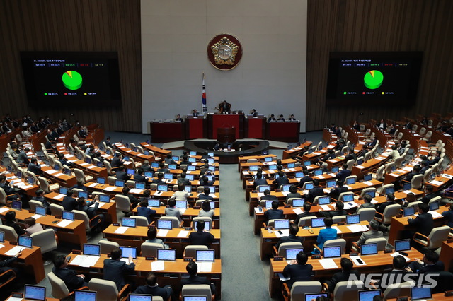 [서울=뉴시스] 이영환 기자 = 30일 오전 서울 여의도 국회 본회의장에서 열린 제377회 국회(임시회) 제3차 본회의에서 신종 코로나바이러스 감염증(코로나19) 피해 구제를 위한 2차 추가경정예산안(추경안)이 가결되고 있다. 2020.04.30.   20hwan@newsis.com