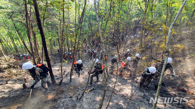 [고성(강원)=뉴시스]김경목 기자 = 육군 제22보병사단 장병들이 2일 오전 강원 고성군 토성면 도원리에서 잔불을진화하고 있다. (사진=육군 제22보병사단 제공). 2020.05.02.&nbsp; photo＠newsis.com 