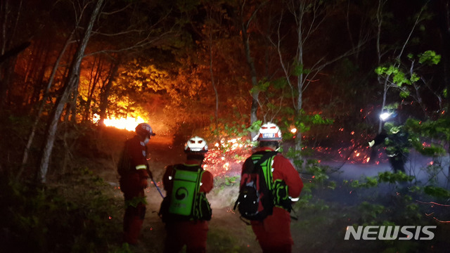 [서울=뉴시스] 고범준 기자 = 지난 1일 강원도 고성군 토성면 도원일 일대에 산불이 발생한 가운데 소방대원들이 진화 작업을 하고 있다. (사진=산림청 제공) 2020.05.02. photo@newsis.com