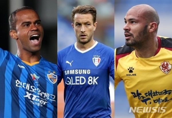 [서울=뉴시스] 2020시즌 K리그 득점왕 후보 주니오(왼쪽부터), 타가트, 펠리페. (제공=프로축구연맹)