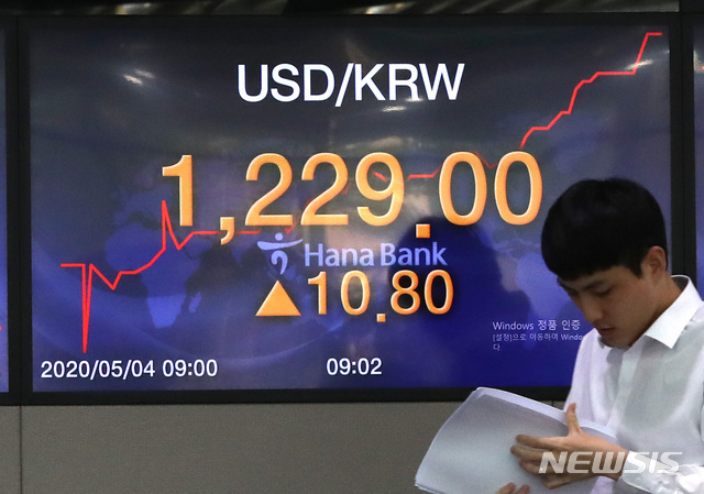 [서울=뉴시스] 전진환 기자 = 코스피-코스닥 지수가 하락 개장한 4일 오전 서울 중구 하나은행 딜링룸에서 딜러들이 업무를 보고 있다. 이 날 원 달러 환율은 7.9원 오른 1,226.1원으로 개장했다. 2020.05.04.&nbsp;&nbsp; amin2@newsis.com