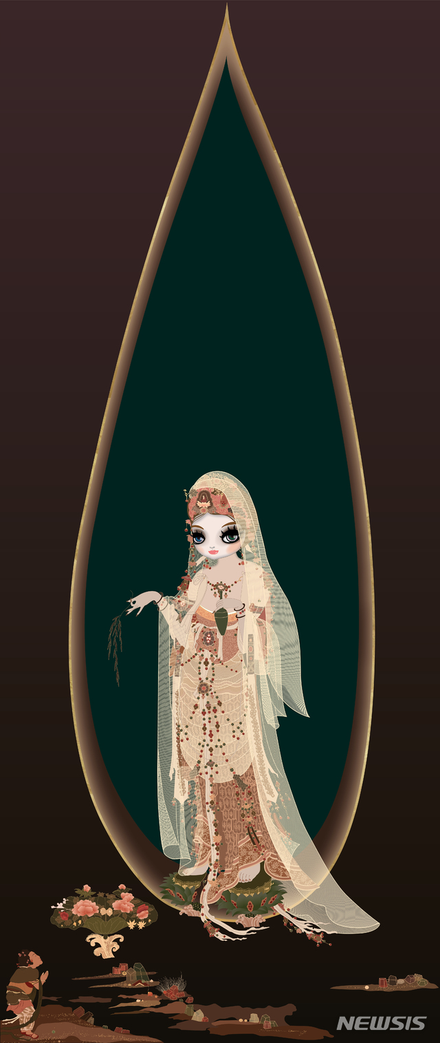 [서울=뉴시스] 마리킴, 수월관음도 Water-Moon Avalokiteshvara Bodhisattva Genuine gold leaf plated, acrylic color paint on Ultra chrome ink printed canvas 230x107.9cm.사진=가나아트센터 제공. 2020.5.06. photo@newsis.com