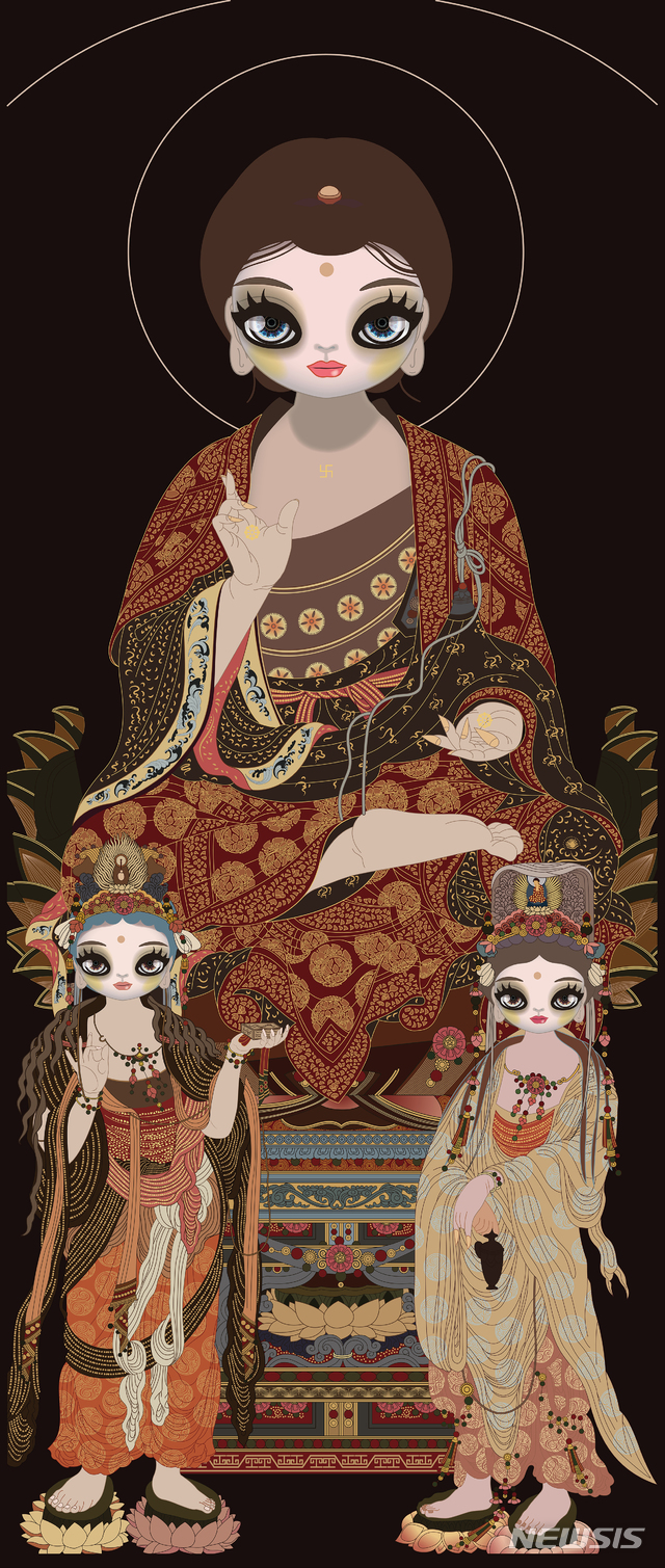 [서울=뉴시스] 마리킴, 아미타삼존도 2019 Genuine gold leaf plated, acrylic color paint on Ultra chrome ink printed canvas 193x108cm, 사진=가나아트센터 제공. 2020.5.06. photo@newsis.com