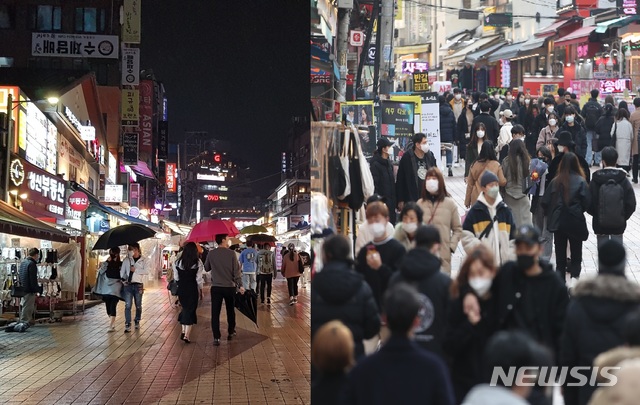 [서울=뉴시스]조수정·천민아 기자 = 9일 오후 9시께(왼쪽) 홍대 밤거리가 한적한 모습을 보이고 있다. 지난 3월(오른쪽) 홍대 거리가 붐비는 모습과는 대조적이다. 신종 코로나바이러스 감염증(코로나19)가 이태원 클럽에서부터 다시 전염세가 커지고 비가 내리면서 홍대 유흥가에 평소보다 사람이 적은 모습을 보이고 있다. 2020.05.09. mina@newsis.com