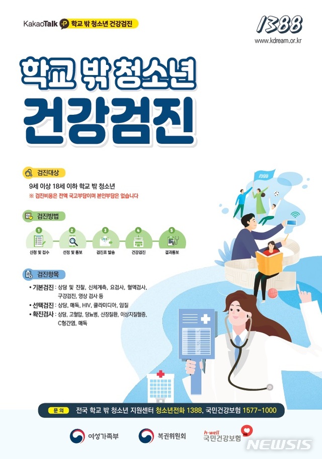 [서울=뉴시스]여성가족부(여가부)는 13일 만 9세 이상 만 18세 이하 학교 밖 청소년을 대상으로 정기 건강검진을 연중 실시하고 있다고 밝혔다. (사진=여성가족부 제공). 2020.05.13.photo@newsis.com