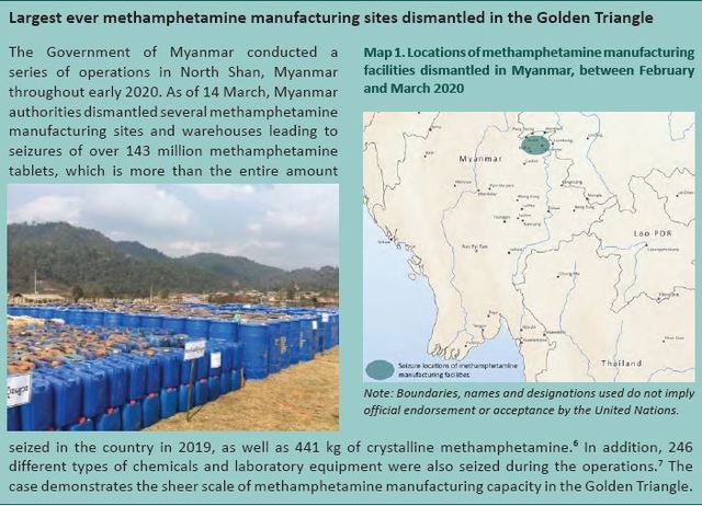 [서울=뉴시스]동남아시아 미얀마의 악명 높은 골든 트라이앵글 지역에서 사상 최대 규모의 합성 마약들이 압수됐다고 유엔 마약범죄사무소(UNODC)가 18일 밝혔다. 사진은 관련 기사와 사진. <사진 출처 : UNODC 웹사이트> 2020.5.19 