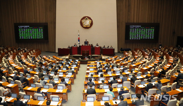 [서울=뉴시스] 김진아 기자 = 20일 서울 여의도 국회에서 열린 본회의에서 전자서명법 전부개정법률안(대안)이 통과되고 있다. 2020.05.20. bluesoda@newsis.com