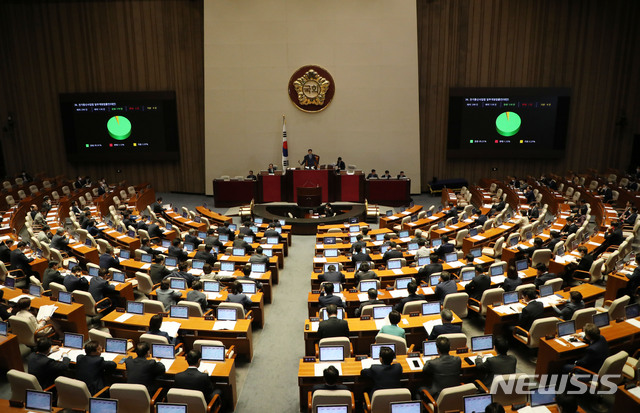 [서울=뉴시스] 김진아 기자 = 20일 서울 여의도 국회에서 열린 본회의에서 전기통신사업법 일부개정법률안(대안)이 통과되고 있다. 2020.05.20. bluesoda@newsis.com