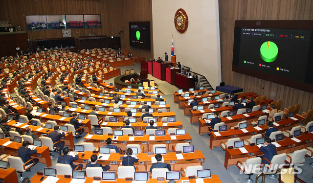 [서울=뉴시스] 장세영 기자 = 전기통신사업법 일부개정법률안(대안)이 20일 서울 여의도 국회 본회의장에서 열린 제378회 국회(임시회) 제1차 본회의에서 가결되고 있다. 2020.05.20. photothink@newsis.com