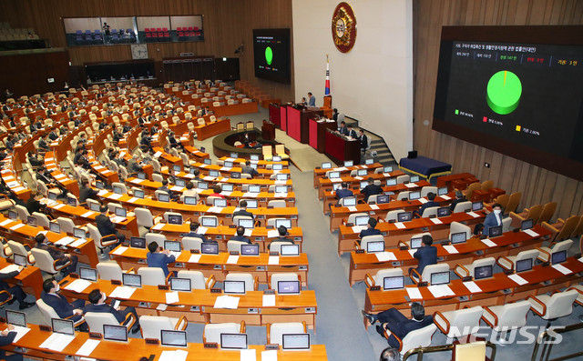 [서울=뉴시스] 장세영 기자 = 구직자 취업촉진 및 생활안정지원에 관한 법률안(대안)이 20일 서울 여의도 국회 본회의장에서 열린 제378회 국회(임시회) 제1차 본회의에서 가결되고 있다. 2020.05.20. photothink@newsis.com