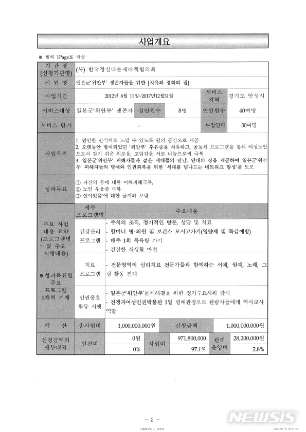 [서울=뉴시스]한국정신대문제대책협의회이 작성한 '일본군 위안부 생존자들을 위한 치유와 평화의 집' 사업 개요.(자료=곽상도 의원실 제공)