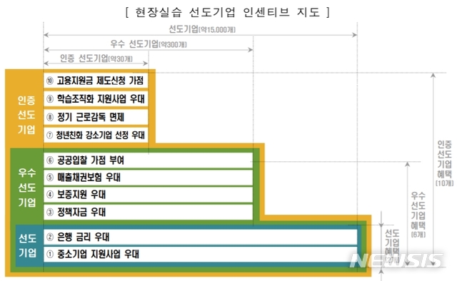 [세종=뉴시스]22일 오전 제6차 사회관계장관회의 겸 제3차 사람투자인재양성협의회 연석회의에서 41개 신규 및 보완 과제를 담은 직업계고 지원 방안을 확정했다. 자료는 현장실습 및 고졸채용 우수기업 단계별 인센티브 지도. (자료=교육부 제공) 2020.05.22