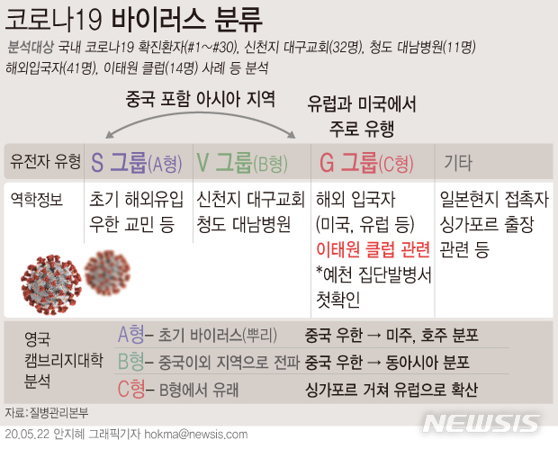 [서울=뉴시스]방역당국이 국내 코로나19 확진환자들의 바이러스 유전자를 분석한 결과 각 그룹별로 바이러스 계통이 다른 것으로 나타났다. (그래픽=안지혜 기자) hokma@newsis.com
