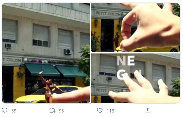 [서울=뉴시스] 신형 폭스바겐 골프 모델 홍보 영상이 인종차별이라는 비판을 받고 있다. 광고는 백인의 커다란 손이 멀리서 작게 보이는 흑인 남자가 골프에 타지 못하도록 튕겨내는 모습을 담고 있다. 화면에서 순간적으로 니거(neger)와 유사한 글자 조합이 보이는 점도 의심을 사고 있다. 광고 대행사와 폭스바겐은 자체 조사를 벌이겠다고 밝혔다. 사진은 해당 영상을 비판하는 트위터계정(@FrancisDMillet)에서 캡처한 것이다. 2020.05.25.