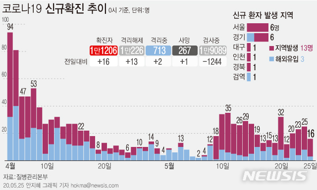 [서울=뉴시스]질병관리본부에 따르면 25일 오전 0시 기준 국내 코로나19 신규 확진자 16명 중 13명이 지역사회 감염 사례로 잠정 집계됐다. (그래픽=안지혜 기자)&nbsp; hokma@newsis.com