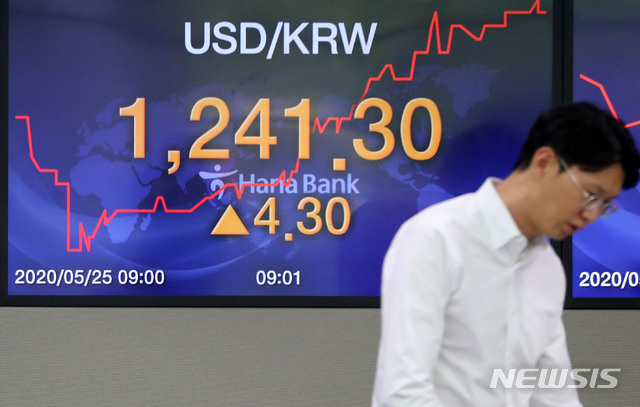 [서울=뉴시스]박주성 기자 = 원·달러 환율이 소폭 상승세로 출발해 25일 오전 서울 중구 을지로 하나은행 본점 딜링룸에서 딜러들이 업무를 보고 있다. 2020.05.25. park7691@newsis.com