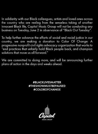[서울=뉴시스] 미국 음반사 캐피톨레코즈가 2일(현지시간) 인스타그램에 올린 '블랙아웃 화요일' 메시지. 흑백인종차별에 대한 항의와 변화를 촉구하기 위해 이날 하루동안 활동을 중단한다는 내용이다. <사진출처:캐피톨레코즈 인스타그램> 2020.06.03