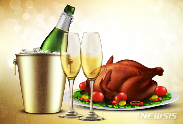 [서울=뉴시스] 까바를 포함한 스파클링 와인은 조개류나 게, 새우 등 해산물과 페어링하면 가장 좋다. 하지만 닭고기 같은 흰 육류와도 조합이 썩 괜찮다. 특히 튀긴 닭고기와 먹으면 높은 산도와 탄산이 기름기를 씻어줘 입 안을 깔끔하게 정리하는 기분이 든다. 튀긴 음식을 먹을 때 맥주와 함께 마시며 느끼함을 잡는 것과 비슷한 이치다. (삽화=김민호 기자)