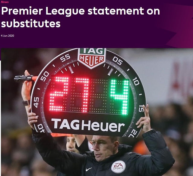 [서울=뉴시스] 시즌 재개를 앞둔 잉글랜드 프리미어리그가 교체 카드를 3장에서 5장으로 늘렸다. (캡처=EPL 홈페이지)
