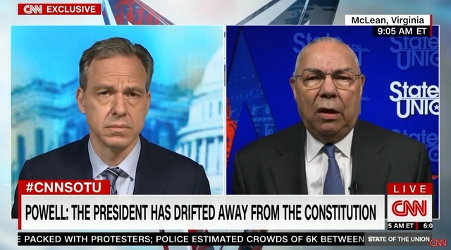 [서울=뉴시스]콜린 파월 전 미 국무장관이 7일(현지시간) CNN 인터뷰에서 발언하는 모습. (출처=CNN 유튜브 계정 캡처) 2020.06.08. 