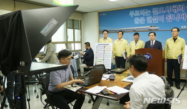 [진천=뉴시스]강신욱 기자 = 송기섭 충북 진천군수가 8일 군청 보도설명실에서 기자회견을 열어 민선 7기 전반기 성과와 후반기 비전을 발표하면서 원고를 화면에 보여주는 프롬프터를 활용해 진행하고 있다. 2020.06.08. ksw64@newsis.com 