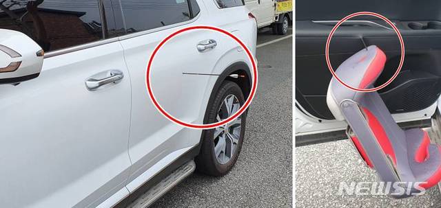 [전주=뉴시스]윤난슬 기자 = 지난 10일 오후 3시 50분께 전주시 덕진동의 한 양궁장에서 화살이 오발되는 사고가 발생했다. 이 화살은 인근 주차장으로 날아가 SUV 차량에 박혔다.(사진=제보자 제공)&nbsp; 