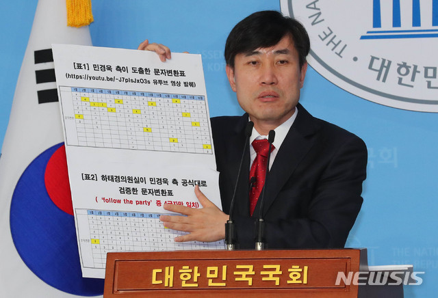 [서울=뉴시스] 장세영 기자 = 하태경 미래통합당 의원이 11일 서울 여의도 국회 소통관에서 기자회견을 열고 "민경욱 전 의원 측이 선거부정의 증거라고 밝힌 '팔로우 더 파티'(Follow the Party)는 고의적으로 조작한 결과"라고 주장하고 있다. 2020.06.11. photothink@newsis.com