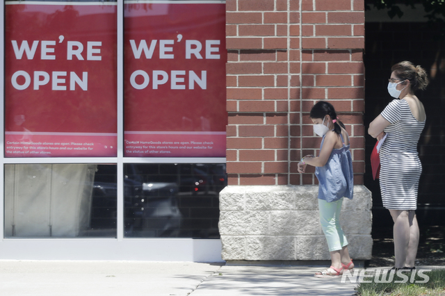 [샴버그=AP/뉴시스]11일(현지시간) 미국 일리노이주 샴버그에서 문을 열었다고 알리는 한 매장의 모습이다. 신종 코로나바이러스 감염증(코로나19)을 막으려고 마스크를 쓴 채 들어가려고 줄을 선 사람들이 눈에 띈다. 2020.06.17.