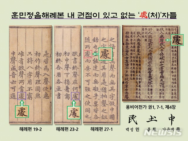 [서울=뉴시스] <사진1> 훈민정음 해례본에는 이체자가 쓰인 3개의 ‘處(처)’자가 있다. 그 중 해례편 27장 앞면의 ‘處’는 용비어천가 권1, 7장 앞면처럼 상성 권점이 붙었다.