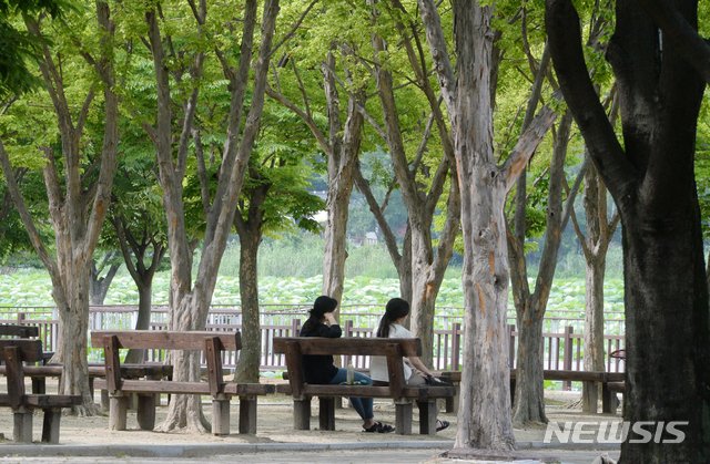 [전주=뉴시스] 김얼 기자 = 무더위가 기승을 부린 16일 전북 전주시 전주덕진공원을 찾은 시민들이 나무 그늘에서 더위를 피하고 있다. 2020.06.16.pmkeul@newsis.com