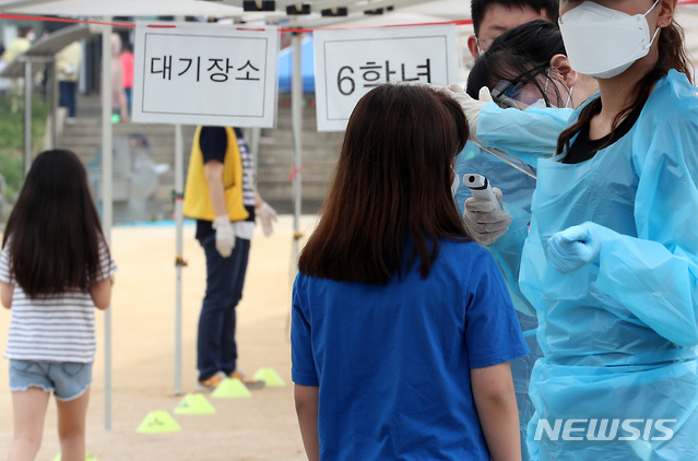 [인천=뉴시스] 이종철 기자 = 인천지역에 신종 코로나바이러스 감염증(코로나19) 확진자가 속출한 지난 17일 오전 확진자가 나온 인천시 미추홀구 한 초등학교에서 학생들이 줄지어 운동장에 마련된 선별진료소로 들어가고 있다. 2020.06.17. jc4321@newsis.com