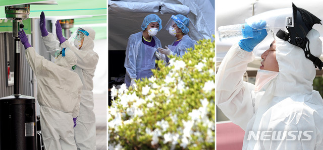 [서울=뉴시스] 최동준 이윤청 이종철 기자 = 18일 국내에서 첫 신종 코로나바이러스 감염증(코로나19) 확진자가 발생한 지난 1월 20일로부터 150일이 지났다. 통제되지 않은 채 약 반년 간 반복되고 있는 코로나19의 위험 속에서 싸우는 의료진들의 모습을 모았다. 사진 왼쪽부터 지난 3월 4일 의료진들이 서울 송파구 잠실주경기장에 마련된 드라이브 스루 선별진료소에서 추위에 언 몸을 녹이는 모습, 지난 4월 28일 서울 중랑구 서울의료원 선별진료소에서 의료진이 업무 준비를 하는 모습, 지난 8일 오후 인천시 부평구 가톨릭대학교 인천성모병원 선별진료소에서 근무교대를 한 의료진이 얼굴에 물을 뿌리며 더위를 식히는 모습. 2020.06.18. photo@newsis.com