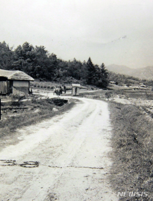 [서울=뉴시스] 1947년 5월 25일 월남인 가족이 소달구지를 타고 38선을 향해 내려오고 있다. 미군 사진가는 이 사진을 찍기 전 길 위에 ‘38’이라고 쓰고 38선을 표시하는 금을 그었다. (사진=미국 국립문서기록청) 2020.06.21. photo@newsis.com (* 위 사진은 재배포, 재판매, DB 및 활용을 금지합니다)